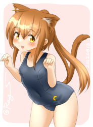 Rule 34 | 1girl, animal ears, blue one-piece swimsuit, brown eyes, brown hair, cat ears, cat tail, commentary request, covered navel, cowboy shot, crescent, crescent pin, fumizuki (kancolle), kantai collection, leaning forward, long hair, looking at viewer, old school swimsuit, one-hour drawing challenge, one-piece swimsuit, paw pose, ponytail, ray.s, school swimsuit, solo, swimsuit, tail