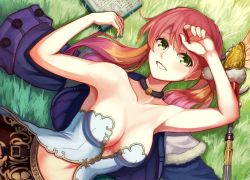Rule 34 | 10s, 1girl, arm up, armpits, atelier (series), atelier escha &amp; logy, bare shoulders, book, breasts, choker, cleavage, unworn clothes, coat, unworn coat, collarbone, corset, escha malier, female focus, from above, grass, green eyes, grin, hair between eyes, highres, jewelry, large breasts, lying, midriff, navel, neck, necklace, no headwear, no headwear, on back, open book, parted lips, pink hair, rei x mako, reimaco, short hair, smile, solo, strapless, teeth, twintails, wand