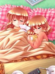 Rule 34 | 2girls, cat, frilled pillow, frills, kotatsu, kotetsu, multiple girls, original, pillow, remote control, siblings, sisters, sleeping, table, zan