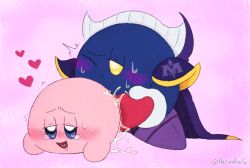 Rule 34 | 1boy, 1other, ^^^, afterglow, armor, artist name, blue eyes, blush, cape, colored skin, cum, doggystyle, drooling, ejaculation, foot grab, from behind, gloves, half-closed eyes, happy sex, heart, heart-shaped pupils, heart-shaped tongue, heart tongue, kirby, kirby (series), lying, meta knight, mittens, moaning, nintendo, no humans, on stomach, one eye closed, open mouth, parted lips, pauldrons, pervoborb, pink background, purple footwear, saliva, sex, sex from behind, shoulder armor, simple background, smile, sweat, symbol-shaped pupils, tareme, tearing up, torogao, trembling, yellow eyes