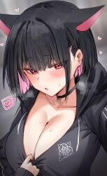 Rule 34 | 1girl, animal ears, black choker, black hair, black jacket, blue archive, blush, breasts, cat ears, choker, cleavage, collarbone, colored inner hair, extra ears, hair ornament, hairclip, halo, heart, highres, hood, hooded jacket, horn/wood, jacket, kazusa (blue archive), large breasts, looking at viewer, multicolored hair, parted lips, pink hair, red eyes, short hair, solo, steam, sweat, two-tone hair