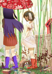 Rule 34 | 2girls, :t, animal ears, bamboo, bamboo forest, blush, boots, bra, bra strap, female focus, forest, gozaemon, gyoza emon, highres, inaba tewi, kneepits, lingerie, long hair, multiple girls, mushroom, nature, pleated skirt, pout, purple hair, rabbit ears, rabbit girl, rabbit tail, rain, reisen udongein inaba, rubber boots, see-through, short hair, skirt, tail, touhou, umbrella, underwear, wet, wet clothes