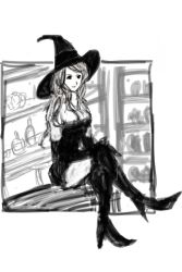 Rule 34 | 1girl, boots, bottle, breasts, cleavage, counter, deneb rove, dress, elbow gloves, full body, gloves, hands on lap, hat, high heel boots, high heels, kikiki, crossed legs, long hair, lowres, microdress, monochrome, shelf, shop, simple background, sitting, sketch, solo, strapless, strapless dress, tactics ogre, thigh boots, thighhighs, very long hair, white background, witch, witch hat, zettai ryouiki