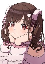 Rule 34 | 1girl, blush, brown hair, clothing cutout, hands on own cheeks, hands on own face, highres, idolmaster, idolmaster shiny colors, looking at viewer, osoba susurukun, pink shirt, shirt, shoulder cutout, simple background, smile, solo, sonoda chiyoko, twintails, upper body, white background