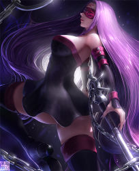 Rule 34 | 1girl, bare shoulders, blindfold, breasts, chain, cleavage, fate/stay night, fate (series), forehead tattoo, large breasts, limgae, long hair, medusa (fate), medusa (rider) (fate), nail polish, nameless dagger (fate), purple hair, solo, thighhighs, very long hair, zettai ryouiki