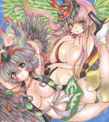 Rule 34 | 2girls, :p, armpits, arms up, breasts, brown eyes, cleavage, green eyes, highres, large breasts, long hair, marker (medium), multiple girls, navel, original, pink hair, pointy ears, tengu, tongue, tongue out, traditional media, twobee, very long hair