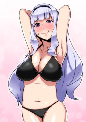 Rule 34 | 1girl, armpits, arms up, bad id, bad pixiv id, bikini, blush, breasts, cleavage, hairband, idolmaster, idolmaster (classic), large breasts, long hair, looking at viewer, navel, red eyes, shijou takane, silver hair, smile, solo, sweatdrop, swimsuit, tkhs