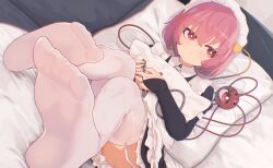 Rule 34 | 1girl, absurdres, alternate costume, bed, bridal gauntlets, bright pupils, enmaided, feet, feet up, foot focus, foreshortening, frills, garter straps, hair ornament, hairband, heart, heart hair ornament, highres, komeiji satori, legs up, long sleeves, lying, maid, hugging object, on back, on bed, perspective, pillow, pillow hug, pink eyes, pink hair, senzaicha kasukadoki, short hair, soles, solo, third eye, toes, touhou, white pupils, yes-no pillow