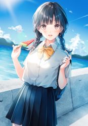 Rule 34 | 1girl, bag, blue hair, blue skirt, blue sky, blush, bow, bowtie, brown eyes, cloud, collared shirt, dress shirt, dutch angle, food, fruit, hand up, highres, holding, holding food, long hair, mountain, ocean, open mouth, original, outdoors, pleated skirt, school bag, school uniform, shirt, short sleeves, skirt, sky, smile, solo, standing, tadano yukiko, twintails, watermelon, white shirt, yellow bow, yellow bowtie