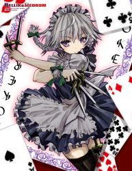 Rule 34 | 1girl, ahoge, apron, between fingers, black thighhighs, blue dress, blush, bow, braid, card, commentary request, crossed arms, dress, dual wielding, green bow, hair bow, highres, holding, holding knife, holster, izayoi sakuya, jun (rellik &amp; redrum), knife, maid, maid headdress, playing card, purple eyes, short hair, silver hair, solo, thigh holster, thighhighs, touhou, twin braids, waist apron, zettai ryouiki