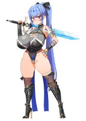 Rule 34 | 1girl, :|, absurdres, armored boots, armpit crease, asymmetrical legwear, bare shoulders, black footwear, black gloves, black leotard, black ribbon, blue hair, boots, breasts, bright pupils, brown thighhighs, cameltoe, chest strap, cleavage, cleavage cutout, closed mouth, clothing cutout, covered collarbone, crossed bangs, curvy, diamond (shape), diamond hair ornament, epic seven, era (erasion), fingerless gloves, fingernails, full body, gloves, gold trim, grey gloves, hair ornament, hair ribbon, hand on own hip, high heel boots, high heels, highleg, highleg leotard, highres, holding, holding sword, holding weapon, huge breasts, legs apart, leotard, light blue hair, long hair, looking at viewer, mismatched legwear, over-kneehighs, over shoulder, penelope (epic seven), pink eyes, pink pupils, ponytail, red thighhighs, ribbon, simple background, solo, standing, sword, thick thighs, thighhighs, thighs, very long hair, weapon, weapon over shoulder, white background