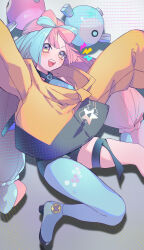 Rule 34 | 1girl, absurdres, aqua hair, bike shorts, blush, boots, bow-shaped hair, character hair ornament, commentary, creatures (company), game freak, hair ornament, highres, iono (pokemon), jacket, long hair, multicolored hair, nintendo, open mouth, outstretched arms, pink hair, pokemon, pokemon sv, sharp teeth, shirt, single leg pantyhose, sleeveless, sleeveless shirt, solo, star (symbol), star print, teeth, thigh strap, tongue, twintails, two-tone hair, upper teeth only, valentine (02140314c), yellow jacket
