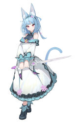 Rule 34 | 1girl, absurdres, animal ears, black shirt, blue hair, braid, breasts, cat ears, cat girl, cat tail, closed mouth, collared shirt, dress, flower, frilled dress, frills, full body, hair flower, hair ornament, highres, holding, holding sword, holding weapon, long bangs, long hair, long sleeves, looking at viewer, mishuo (misuo69421), off-shoulder dress, off shoulder, original, own hands together, pink eyes, pink flower, raised eyebrows, shirt, sidelocks, simple background, sleeveless, sleeveless shirt, small breasts, smile, solo, sword, tail, weapon, white background, white dress