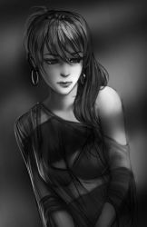 Rule 34 | 1girl, arms at sides, bad id, bad twitter id, bra, closed mouth, commentary, earrings, english commentary, greyscale, hair between eyes, hoop earrings, jewelry, lips, long hair, monochrome, original, see-through, solo, tsuaii, underwear