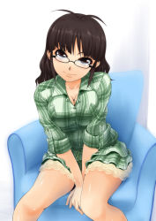 Rule 34 | 1girl, akizuki ritsuko, alternate hairstyle, antenna hair, between thighs, breasts squeezed together, breasts, brown eyes, brown hair, cleavage, glasses, idolmaster, idolmaster (classic), large breasts, long hair, mamezou, no pants, plaid, plaid shirt, shirt, sleeves rolled up, solo, thighs, v arms