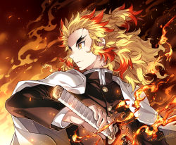 Rule 34 | 1boy, artist name, blonde hair, buttons, cape, colored tips, commentary request, embers, fire, forked eyebrows, gakuran, high collar, highres, holding, holding sword, holding weapon, katana, kimetsu no yaiba, long hair, long sleeves, looking away, looking to the side, male focus, multicolored hair, nardack, profile, red hair, rengoku kyoujurou, school uniform, signature, solo, sword, topknot, two-tone hair, weapon, white cape, yellow eyes
