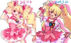 Rule 34 | 00s, 10s, 1girl, 2009, 2012, before and after, blonde hair, choker, comparison, corset, cure peach, dress, earrings, fresh precure!, hair ornament, hairpin, heart, heart hair ornament, highres, jewelry, long hair, magical girl, momozono love, pink dress, pink eyes, pink skirt, precure, redrawn, skirt, smile, solo, twintails, uzuki aki, white background, wrist cuffs