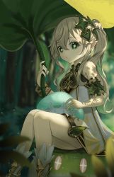 Rule 34 | + +, 1girl, :o, absurdres, blurry, blurry background, blush, child, detached sleeves, dress, dubeaduver, forest, genshin impact, green background, green dress, green eyes, hair ornament, highres, holding, leaf, looking at viewer, medium hair, nahida (genshin impact), nature, open mouth, outdoors, pointy ears, side ponytail, sitting, sleeveless, sleeveless dress, solo, upper body, white hair