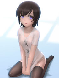 Rule 34 | 10s, 1girl, :d, backlighting, black thighhighs, blurry, blurry background, bottomless, breasts, brown hair, clothes writing, collarbone, commentary request, covered erect nipples, dripping, full body, futsuu no joshikousei ga locodol yattemita, groin, highres, looking at viewer, no bra, no panties, no shoes, open mouth, puddle, purple eyes, shirt, shirt tug, short hair, short sleeves, siraha, sitting, small breasts, smile, solo, swept bangs, t-shirt, thighhighs, usami nanako, v arms, wariza, water drop, wet, wet clothes, wet shirt, white shirt