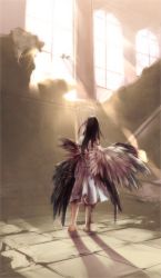 Rule 34 | 1girl, asymmetrical wings, bare shoulders, barefoot, black hair, dress, feathered wings, from behind, highres, indoors, light particles, light rays, long hair, original, ruins, shadow, shirou (j00630), solo, stairs, standing, sunbeam, sunlight, window, wings