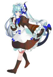Rule 34 | 1girl, absurdres, apron, black dress, black footwear, blue bow, blue eyes, blue hair, blue hairband, boots, bow, closed mouth, dress, frilled dress, frilled hairband, frilled sleeves, frills, full body, hair between eyes, hairband, highres, honkai (series), honkai impact 3rd, horns, juliet sleeves, liliya olenyeva, long hair, long sleeves, looking at viewer, puffy sleeves, short eyebrows, simple background, single horn, sleeves past wrists, smile, solo, standing, tail, tail bow, tail ornament, thick eyebrows, tsuzuki908, twintails, twitter username, very long hair, watermark, white apron, white background, wide sleeves