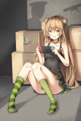 Rule 34 | 1girl, :d, absurdres, asymmetrical legwear, bare arms, bare shoulders, black choker, black dress, blush, bow, box, breasts, cardboard box, choker, collarbone, commentary, convenient leg, double bun, dress, full body, girls&#039; frontline, green bow, green eyes, green socks, hair between eyes, hair bow, hair bun, handheld game console, highres, holding, holding handheld game console, kneehighs, light brown hair, long hair, looking at viewer, medium breasts, mismatched legwear, nintendo switch, no shoes, on floor, open mouth, rfb (girls&#039; frontline), shadow, side bun, sitting, sleeveless, sleeveless dress, smile, sob (submar1089), socks, solo, striped clothes, striped socks, vertical-striped clothes, vertical-striped socks, very long hair