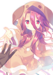Rule 34 | 1girl, :o, animal hood, black thighhighs, blonde hair, brown gloves, commentary request, gloves, gradient hair, hair between eyes, hood, long hair, long sleeves, looking at viewer, multicolored hair, no game no life, orange hair, outstretched arm, parted lips, pom pom (clothes), red eyes, red hair, robe, shuvi (no game no life), simple background, sleeves past wrists, solo focus, thighhighs, very long hair, white background, wide sleeves, yuizaki kazuya