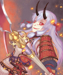Rule 34 | 1girl, armor, black horns, blood, bloody tears, bright pupils, colored sclera, commentary request, fate/grand order, fate (series), fire, grey hair, highres, horns, izuchi nanchi, japanese armor, long hair, naginata, oni horns, parted lips, polearm, red sclera, shoulder armor, smile, smoke, sode, solo, sword, tomoe gozen (fate), upper body, weapon, white pupils