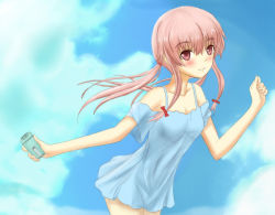 Rule 34 | 1girl, bare shoulders, blue dress, blue sky, blush, bow, breasts, cellphone, cleavage, clenched hand, cloud, cloudy sky, day, dress, floating hair, from side, gasai yuno, hair bow, holding, leaning forward, light smile, long hair, looking at viewer, mirai nikki, off shoulder, outdoors, outstretched arm, phone, pink eyes, pink hair, scrunchie, short dress, sidelocks, sky, small breasts, smile, solo, standing, sundress, twintails, wide sleeves