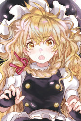 Rule 34 | 1girl, apron, black gloves, black hat, black skirt, black vest, blonde hair, blush, braid, breasts, commentary request, fingerless gloves, gloves, hair between eyes, hair ribbon, hat, highres, kirisame marisa, long hair, looking at viewer, open mouth, petals, puffy short sleeves, puffy sleeves, red ribbon, ribbon, rosette (roze-ko), short sleeves, simple background, single braid, skirt, small breasts, solo, thick eyebrows, touhou, upper body, very long hair, vest, waist apron, white apron, white background, witch hat, yellow eyes