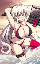 Rule 34 | 1girl, ahoge, armpits, arms behind head, arms up, beach, bikini, black bikini, blonde hair, blush, breasts, choker, cleavage, commentary, english commentary, fate/grand order, fate (series), flame print, frown, full body, jeanne d&#039;arc alter (swimsuit berserker) (fate), jeanne d&#039;arc (fate), jeanne d&#039;arc alter (fate), jeanne d&#039;arc alter (swimsuit berserker) (fate), katana, large breasts, long hair, looking at viewer, navel, o-ring, o-ring bikini, ocean, pale skin, peach88, red thighhighs, scabbard, sheath, sheathed, single thighhigh, solo, swimsuit, sword, thigh strap, thighhighs, very long hair, waves, weapon, white hair
