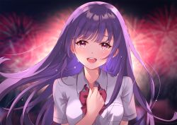 Rule 34 | 1girl, :d, backlighting, blurry, blurry background, blush, bow, bowtie, breast pocket, collared shirt, commentary request, crying, crying with eyes open, depth of field, dress shirt, fireworks, fujishiro kokoa, hand on own chest, happy tears, highres, long hair, night, open mouth, original, outdoors, pink bow, pink bowtie, pink eyes, pocket, purple hair, round teeth, shirt, short sleeves, smile, solo, tears, teeth, upper body, upper teeth only, white shirt