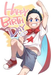 Rule 34 | 1boy, artist name, bandaid, bandaid on arm, bandaid on cheek, bandaid on face, bandaid on knee, bandaid on leg, black hair, blue eyes, blue shorts, cape, character request, copyright request, english text, foot out of frame, grin, hair up, happy birthday, highres, light particles, looking at viewer, male focus, navel, red cape, red footwear, scar, scar on face, shirt, shorts, smile, socks, solo, star (symbol), star print, teeth, tonomayo, twitter username, two-tone cape, v-shaped eyebrows, white background, white footwear, white shirt, white socks