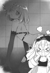 Rule 34 | 2girls, black bra, black sleeves, blonde hair, blush, bra, closed eyes, closed mouth, coat, date a live, glasses, greyscale, hands up, lingerie, long hair, looking at viewer, manga page, mildred f. fujimura, monochrome, multiple girls, open mouth, tobiichi origami, underwear, very long hair, white coat, white hair