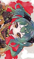 Rule 34 | 1girl, absurdres, claw pose, earrings, fangs, gradient hair, green hair, hatsune miku, highres, horns, jewelry, multicolored hair, orange eyes, orange hair, portrait, red background, salamander (vocaloid), sideways, solo, tanarei, teeth, tongue, tongue out, twintails, upper teeth only, vocaloid