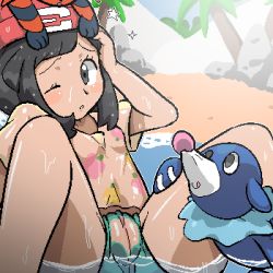 Rule 34 | 1girl, bloggerman, cleft of venus, clitoris, creatures (company), game freak, gen 7 pokemon, hat, litten, lowres, nintendo, one eye closed, outdoors, plant, pokemon, pokemon sm, popplio, pussy, selene (pokemon), shirt, tongue, tongue out, tree, uncensored, water, wet