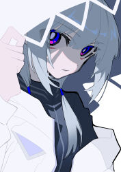 Rule 34 | 1girl, absurdres, black shirt, blending, blue eyes, bright pupils, cevio, commentary, grey hair, hair over shoulder, hand up, high collar, highres, hood, hood grab, hood up, hooded jacket, jacket, kafu (cevio), long sleeves, looking at viewer, low twintails, medium hair, multicolored eyes, open clothes, open jacket, pale skin, parted lips, purple eyes, reirei (rei mosaic00), shade, shirt, sidelocks, solo, twintails, white background, white jacket, white pupils, zipper