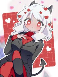 1girl anzen_robo_(474zz) boots commentary_request demon_girl demon_horns demon_tail hand_on_own_chest heart heart-shaped_pupils helltaker horns jacket long_sleeves looking_at_viewer medium_hair modeus_(helltaker) panties pantyhose pantyshot red_eyes solo sweater symbol-shaped_pupils tail underwear white_hair