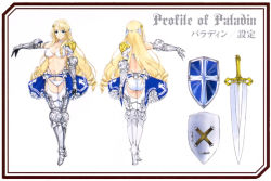 Rule 34 | 10s, 1girl, arm guards, armor, armored boots, artist name, bikini armor, bikini warriors, blonde hair, blue eyes, boots, breasts, character name, cleavage, detached sleeves, female focus, full body, garter straps, large breasts, long hair, official art, onigirikun, paladin, paladin (bikini warriors), shield, skirt, solo, sword, thighhighs, weapon, white background