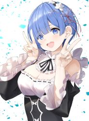 Rule 34 | 1girl, :d, absurdres, black dress, blue eyes, blue hair, breasts, cleavage, detached collar, detached sleeves, double v, dress, flower knot, hair ornament, hands up, highres, large breasts, long sleeves, looking at viewer, maid, open mouth, re:zero kara hajimeru isekai seikatsu, rem (re:zero), short hair, smile, solo, star741, upper body, v, white background, x hair ornament