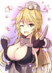 Rule 34 | 10s, 1girl, bare shoulders, black gloves, blonde hair, breasts, elbow gloves, front-tie top, gloves, grey eyes, headgear, iowa (kancolle), kantai collection, large breasts, long hair, mashayuki, one eye closed, open mouth, sidelocks, smile, solo, star-shaped pupils, star (symbol), symbol-shaped pupils, twitter username