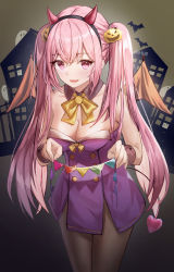 Rule 34 | 1girl, absurdres, bare shoulders, bow, bowtie, breasts, brown pantyhose, cleavage, cowboy shot, detached collar, dress, fake horns, fang, hair ornament, hairband, halloween, highres, horns, indie virtual youtuber, long hair, looking at viewer, medium breasts, pantyhose, pink eyes, pink hair, purple dress, ronarona, side slit, sleeveless, sleeveless dress, solo, standing, strapless, strapless dress, twintails, very long hair, virtual youtuber, wakum, wings, wrist cuffs