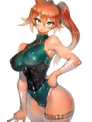Rule 34 | 1girl, arm wrap, black corset, boku no hero academia, breasts, china dress, chinese clothes, corset, covered erect nipples, dress, fumio (rsqkr), green eyes, green leotard, grin, hair between eyes, hands on own hips, highres, i yo ka, kendou itsuka, large breasts, leotard, long hair, looking at viewer, muscular, muscular female, orange hair, side ponytail, smile, solo, thick thighs, thigh strap, thighs, white background, wrapping