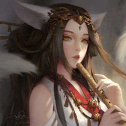 Rule 34 | 1girl, animal ears, artist name, black hair, commentary, dao trong le, dated, detached sleeves, dress, english commentary, eyebrows, fantasy, fingernails, flute, hands up, highres, holding, holding instrument, instrument, jewelry, lips, long fingernails, long hair, necklace, nose, original, parted lips, pointy ears, red lips, signature, sleeveless, sleeveless dress, solo, upper body, white dress, white sleeves, yellow eyes