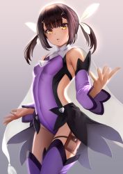 Rule 34 | 1girl, bare shoulders, black hair, blush, breasts, brown eyes, cape, commentary request, covered navel, detached sleeves, fate/kaleid liner prisma illya, fate (series), hair ornament, hair ribbon, hairclip, highres, holster, leotard, long hair, looking at viewer, magical girl, magical sapphire, miyu edelfelt, open mouth, purple leotard, purple thighhighs, ribbon, small breasts, solo, standing, thigh holster, thighhighs, twintails, white cape, x hair ornament, yamaneko (tkdrumsco)