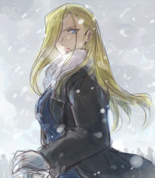 Rule 34 | 1girl, blonde hair, blue eyes, coat, floating hair, frown, fullmetal alchemist, gloves, grey background, hair over one eye, long hair, looking at viewer, military, military uniform, olivier mira armstrong, one eye covered, riru, serious, simple background, snow, solo focus, uniform