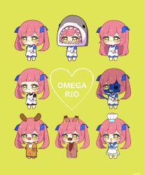 Rule 34 | 0725akaba, 1girl, :3, :d, absurdres, animal costume, animal ears, animal hood, antlers, apron, barefoot, black dress, blue dress, blue ribbon, character name, chibi, closed mouth, collared dress, dress, fake animal ears, fake tail, hair ribbon, heart, highres, holding, hood, horns, long hair, multiple views, omega rio, omega sisters, open mouth, parted lips, pink hair, puffy short sleeves, puffy sleeves, red nose, reindeer antlers, reindeer costume, ribbon, shark hood, sharp teeth, shirt, short sleeves, sidelocks, simple background, skirt, smile, striped clothes, striped shirt, tail, teeth, twintails, vertical-striped clothes, vertical-striped shirt, very long hair, virtual youtuber, waist apron, white apron, white dress, yellow background, yellow eyes
