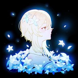 Rule 34 | 1girl, black background, blonde hair, closed mouth, cropped torso, flower, from side, genshin impact, hair flower, hair ornament, haragaita i, highres, lumine (genshin impact), short hair, short hair with long locks, solo, symbol-only commentary, white flower, yellow eyes