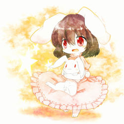 Rule 34 | 1girl, :3, animal, animal ears, bad id, bad pixiv id, black hair, blush, brown hair, carrying, dress, female focus, heart, heart-shaped pupils, highres, inaba tewi, nefy (nefu), open mouth, rabbit, rabbit ears, rabbit girl, rabbit tail, red eyes, short hair, simple background, solo, symbol-shaped pupils, tail, touhou