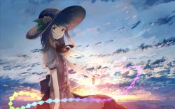 Rule 34 | 1girl, apron, blue hair, blue sky, cloud, food, fruit, hat, highres, hinanawi tenshi, light particles, long hair, looking at viewer, mifuru, neck ribbon, peach, red eyes, ribbon, skirt, sky, smile, solo, sword, sword of hisou, touhou, twilight, weapon